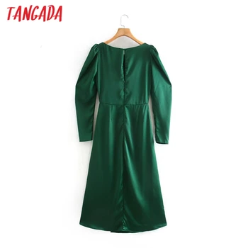 Tangada Moterų Green Satino Elegantiškas Šalis Suknelė ilgomis Rankovėmis Atgal Užtrauktuką Moterys 
