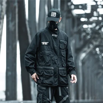 Techwear Multi-Kišenės, Užtrauktukas Hip-Hop Cardigan vyriški Laisvalaikio Rudens Žiemos viršutinių drabužių siuvimas Sporto Švarkai, Paltai Vyrų Japonija Streetwear