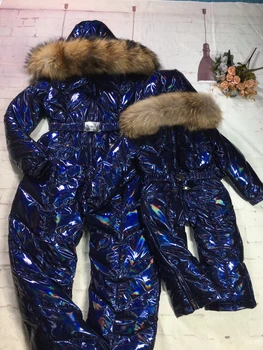 Tikro kailio 2019 Žiemos Striukė motina vaiko striukės vaikams jumpsuit sniego kostiumas šeimos bendrą žemyn romper slidinėjimo kostiumai viršutinių drabužių siuvimas