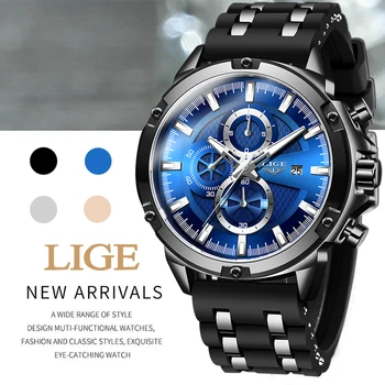 Top Prabangos Prekės LIGE Chronograph Mens Watches Karšto Naujas Mados Karinės Sporto Vandeniui Silicagel Laikrodis Relogio Masculino