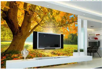 Užsakymą Bet kokio Dydžio 3D Sienos Freskos Tapetai Pradinį Gražus Auksinis Klevo Lapas Didelis Medis Rudens Miško Saulė TV Fono Sienos