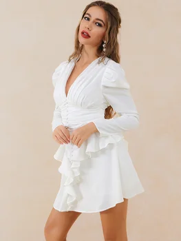 VC Visi Nemokamas Pristatymas 2020 Naujas Elegantiškas Puoštas Suknelė Raukiniai Mygtuką Dizainas Sexy V Kaklo Įžymybė Šalies Klubas Balta Mini Suknelė