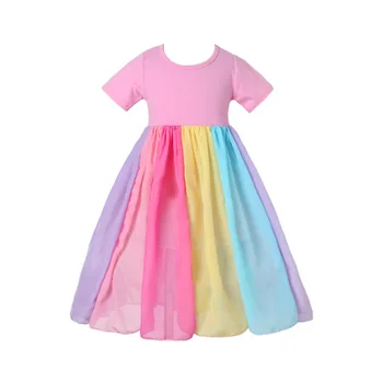 Vasaros 2021 Naujas Stilius Bamblys Kūdikių Mergaičių Spalvinga trumparankoviai Vaivorykštė Tinklelio Suknelė Mergaitėms Baby Princess Ilgos Suknelės, Drabužiai