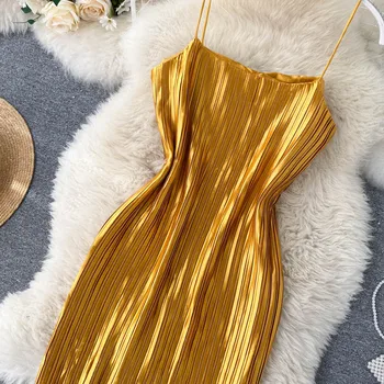 Vasaros Moterų Klostuotas Satino Šviečia Aukso Bakas Suknelė Moterų Camisole Rankovių Ilgio Suknelės Moterims