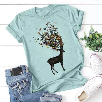 Vasaros Moterų Mados T-shirt Elnias Drugelis Atspausdinta Tee Plius Dydis O-kaklo trumpomis Rankovėmis, Moterų Topai Marškinėliai