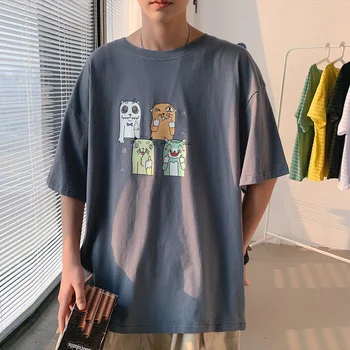 Vasaros juoda trumparankoviai prarasti vyriški T-shirt animacinių filmų spausdinimo Harajuku apvalios kaklo marškinėliai topai