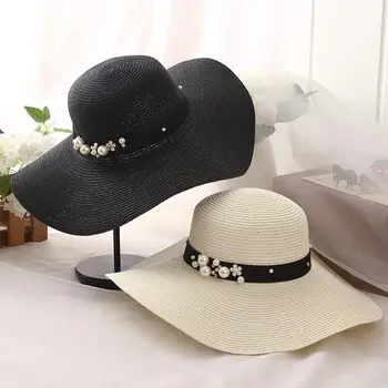 Vasaros šiaudų skrybėlę moterys didelis, platus kraštų paplūdimio skrybėlę nuo saulės skrybėlę, sulankstomas visiškai nepraleidžia saulės spindulių UV apsauga pearl panamos skrybėlė kaulų chapeu feminino