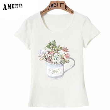 Vasarą Moterys t-shirt Augti Su Meile Juokinga Succulents į subtilus patys puodeliai akvarelė Marškinėliai Atsitiktinis Mergina Viršūnes Elegantiškas Moteris, Trišakius