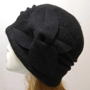 Vintage juodas vilnonis skrybėlę dome lankas lotus lapų didelis skrybėlę lady rudens ir žiemos skrybėlę temperamentas skrybėlę