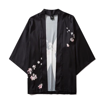 Vyrai Japonų Stiliaus Gėlių spausdinti Kimono Megztinis Striukės Streetwear Hip-hop Prarasti Vasaros Vyrų Atsitiktinis Pusė rankovės plonas kailis