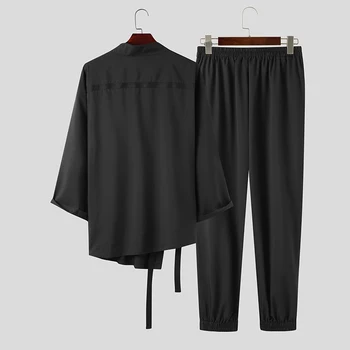 Vyras Senovinių Nėrinių Kostiumai Streetwear INCERUN Vyrų Rinkiniai Kietas Long Sleeve V-Kaklo Kimono Viršūnes Elastinga Juosmens Kelnės 2 vnt S-5XL 7