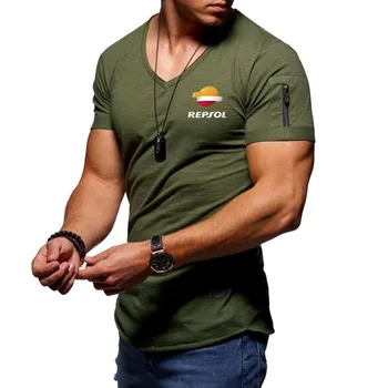 Vyriški V-kaklo marškinėliai sveikatingumo kultūrizmo T-shirt high street vasarą REPSOL trumparankoviai užtrauktukas atsitiktinis medvilnės viršų