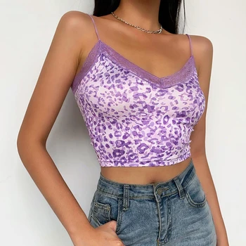 Waatfaak Nėrinių E-gril Stiliaus Leopardas Spausdinti Spageti Viršuje Violetinė Seksualus Backless Streetwear Mielas Rožinis Pasėlių Viršuje Moterų Camis Y2K Viršūnės