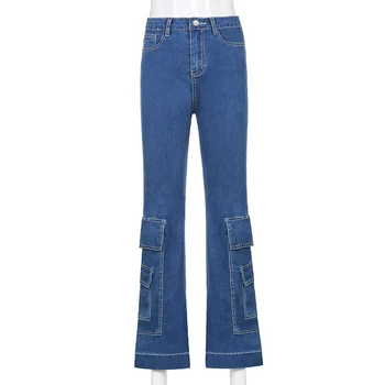 Y2K EGIRL Derliaus 90s Streetwear Didelis Kišenės Baggy Jeans Indies Aukšto Juosmens Džinsinio audinio Kelnės Hip-Hop Tiesiai Retro Kelnės Mados