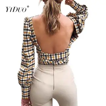 YiDuo Seksualus Backless Golfo Choker Classic Vintage Plaid Marškinėliai Moterims Nėriniai Apkarpyti Viršų Naujas Lady Ilgomis Rankovėmis Palaidinė Streetwear