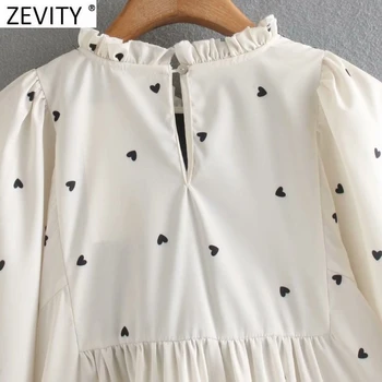 Zevity Moterų Vintage Black Velvet Kratinys Raukiniai Atsitiktinis Smock Palaidinė Office Lady Širdis Spausdinti Marškiniai, Elegantiškos Blusas Viršūnes LS7431