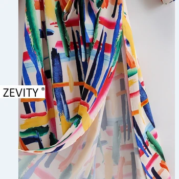 Zevity Moterų derliaus ilgomis rankovėmis spalvingas kaklaraištis dažyti tapybos atsitiktinis marškinėliai suknelė lady lankas susieta varčias, vestidos 