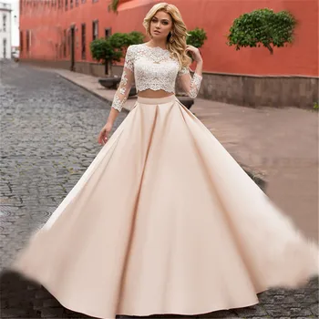 Šampanas Madingas Dviejų dalių, Vestuvių Suknelės, 2021 su Rankovėmis-line Satino Nėriniais Vestido de Novia Nuotakos Suknelė Cusotmized
