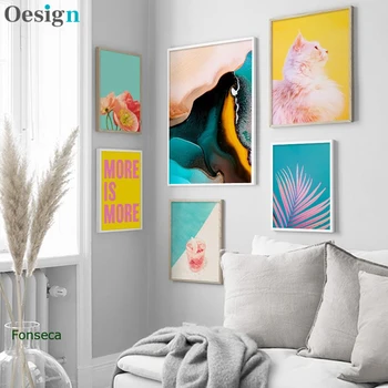 Šiaurės tropinių augalų plakatai palmių lapų, gėlių oranžinė katė sienos meno tapybos drobės spalvinga rėmai kambarį namų dekoro