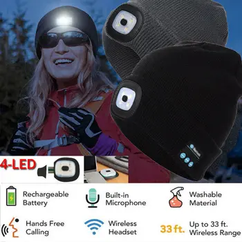 Žiemos Beanie Skrybėlių Belaidžio Bluetooth5.0 Smart Bžūp Ausinių laisvų Rankų įranga Su 4 LED Šviesos Handfree Muzikos Ausinių Šiltas kabelis Megzti