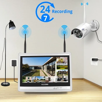 1080P 8CH Wireless CCTV Saugumo kamerų Sistema, H. 265 12 Colių LCD Ekranas, NVR, WIFI Lauko IP Kamera 2MP, 1T HDD