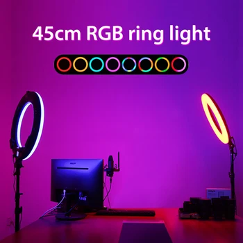 18inch 45cm Vaivorykštė RGB Šviesos Žiedas Pritemdomi Selfie Lempa Su Profissional Trikojis Stovas Telefono Įrašą Turėtojas Live Fotografija Žibintai