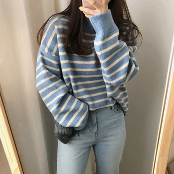 2 spalvų 2019 žiemos korėjos stiliaus juostele šiltas megztas pusė golfo moteriški megztiniai megztiniai ir puloveriai (C9397)