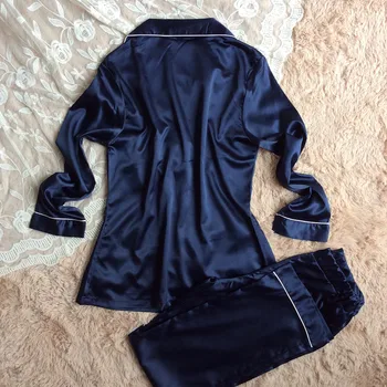 2016 Šilko Satino moterų pižama naktiniai drabužiai rinkiniai su turn-žemyn apykaklės šilko Sleepwear Nustatyti Long Sleeve Top+Ziajać 2 vnt