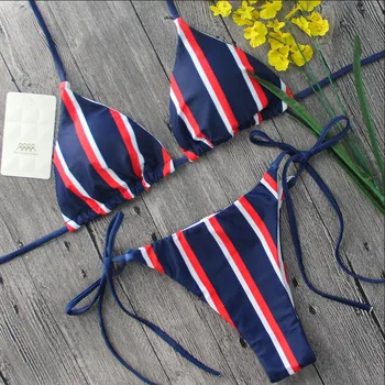 2019 NAUJI Moteriški Push-up Bikinis Nustatyti Dryžuotas Apynasrio Kamšalu Tvarstis maudymosi kostiumėlį, maudymosi Kostiumėliai, Tvarstis Paplūdimio Mėlyna