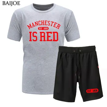 2019 Naujas Prekės ženklas Jungtinė Karalystė, Mančesteris yra Raudonos spalvos marškinėliai + Šortai spausdinti vyrų marškinėliai kostiumas plius dydis medvilnės aukštos kokybės marškinėliai