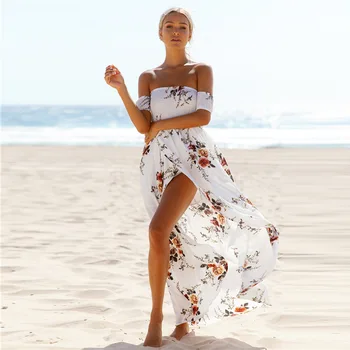 2019 S-5XL Boho stiliaus ilga suknelė moterims Off peties paplūdimio vasaros suknelės Gėlių spausdinti Derliaus šifono balta maxi suknelė vestidos