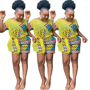 2019 naują atvykimo vasaros elegent afrikos moterų spausdinimas iš dviejų dalių kostiumas viršų, o kelnes S-XL