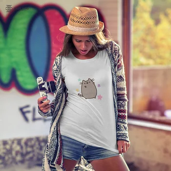 2019 puikus Fat cat marškinėliai moterims Naujas vasaros cute mados trumpomis Rankovėmis t-shirt Balta Plona skyriuje Hipster Marškinėlius Viršūnes drabužiai