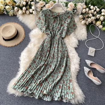 2020 Naujas Vasaros Elegantiškas Moterų Suknelė Lėlės apykaklę, Trumpas rankovės Gėlių Spausdinti Plisuotos Suknelė Moterų Aukšto Juosmens Šifono Šalis Suknelė