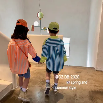 2020 metų vasaros nauji vaikiški drabužiai vaikams, marškinėliai prarasti rankovėmis dryžuotas megztinis dekoratyvinis rankovėmis suknelė vaikas banga Tong