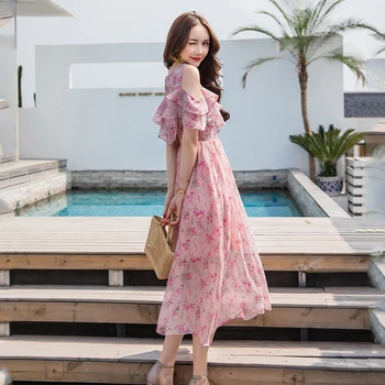 2021 Plius Dydžio Elegantiškas Moteris Korėjos Suknelės, Šaliai Off Peties Seksualus Paplūdimio Vestido 9 Spalvų, Vasaros Gėlių Šifono Boho Midi Suknelė