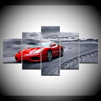 5 Gabalas Modernus Raudonas Sportinis Automobilis, Drobė, Aliejus, Tapyba, Menas, Sienų Nuotraukas Kambarį Deco spausdinti Modulinės nuotraukų Rėmelis Iliustracijos