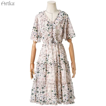 ARTKA 2020 metų Vasaros Naują Moterų Suknelė Elegantiškas Gėlių Spausdinti Suknelė Raukiniai V-Kaklo Šifono Suknelės Elastinga Juosmens Ilga Suknelė LA20701C
