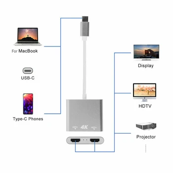 Aliuminio Lydinys USB 3.1 Tipas-C Dual HDMI Konverteris 1-2 Iš HDMI 1.4 Vaizdo Adapteris Buitinių Stebėti TELEVIZIJA Projektorius