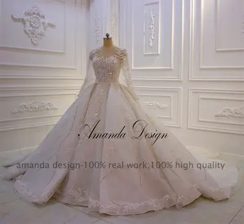 Amanda Dizaino vestido de novia Visą Rankovės Nėrinių Appliques Crystal Empire Vestuvinė Suknelė