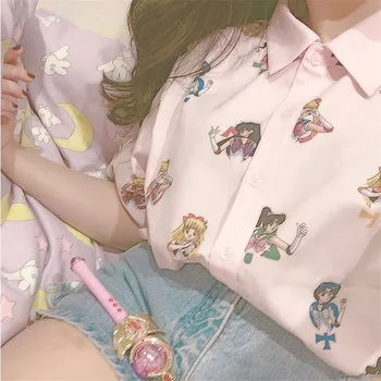 Anime Sailor Moon Rausvos Spalvos, Trumpomis Rankovėmis Marškinėliai Harajuku Marškinėliai Moterims Drabužių 2019 Cosplay Mielas Kawaii Viršūnės