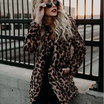 BKLD Naujas Dirbtiniais Kailių Paltai, Leopardas spausdinimui Žiemos Striukė Pasukite Žemyn Apykaklės Moterys Viršutiniai drabužiai Streetwear Rudenį Plius Dydis Leopardo Kailis