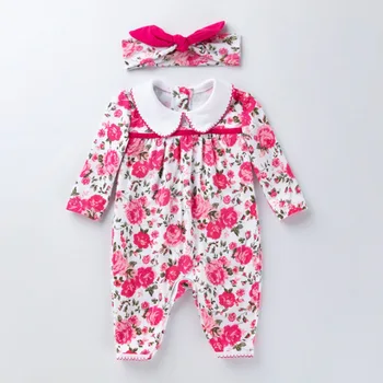 Baby girl romper naujas gimęs kūdikis drabužius ilgomis rankovėmis romper gėlių spausdinti jumpsuit naujagimių mergina romper + lankelis 2vnt/komplektas