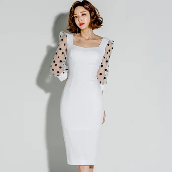 Baltas Biuro Lady Suknelė 2020 M. Pavasarį Aukšto Juosmens Stora Aikštėje Apykaklės Juoda Polka Dot Tinkleliu Rankovės Elegantiškas Šalis Suknelė Moterims