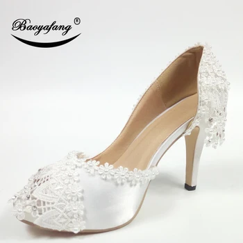 BaoYaFang 2020 Naujas Nėriniai-Up mados bateliai moteris Balta Gėlė Vestuvių batai Čiurnos Dirželis Aukštos bateliai sweet šalies batų