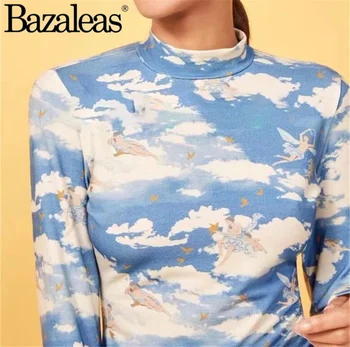 Bazaleas Pavasario Blue Marškinėliai Viršūnės Kampas White Cloud Print Atsitiktinis Viršūnes Long Sleeve T Shirt Golfo