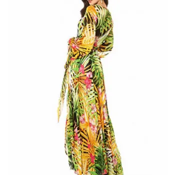 Boho Elegantiškas Moterų Pavasario Vasaros Atostogų Suknelės Lapų spausdinimo ilgomis rankovėmis Lady Sexy V Kaklo Sundress Maxi Vestido Šalies Plus 5XL