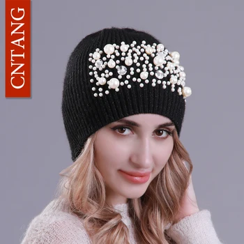 CNTANG 2020 Mados Perlų Moterų Skrybėlės Rudenį, Žiemą Megztinius Skullies Beanies Šiltas Vilnos Kepurė Ponios slouchy Prabangių Skrybėlių Aukštos Kokybės