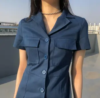 Cheerart Mėlyna Vasaros Marškinėliai Suknelė 2019 Bodycon Švarkas Mygtuką Suknelė Moterims Office Lady Kišenėje Mini Suknelė Korėjos Stiliaus