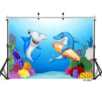 Custom Vaiką Kūdikio Gimtadienio Reklama, Fotografija, Karikatūra Jūros Pasaulio Ryklių, Žuvų Shell Fone Fotostudijos Fono Rekvizitai